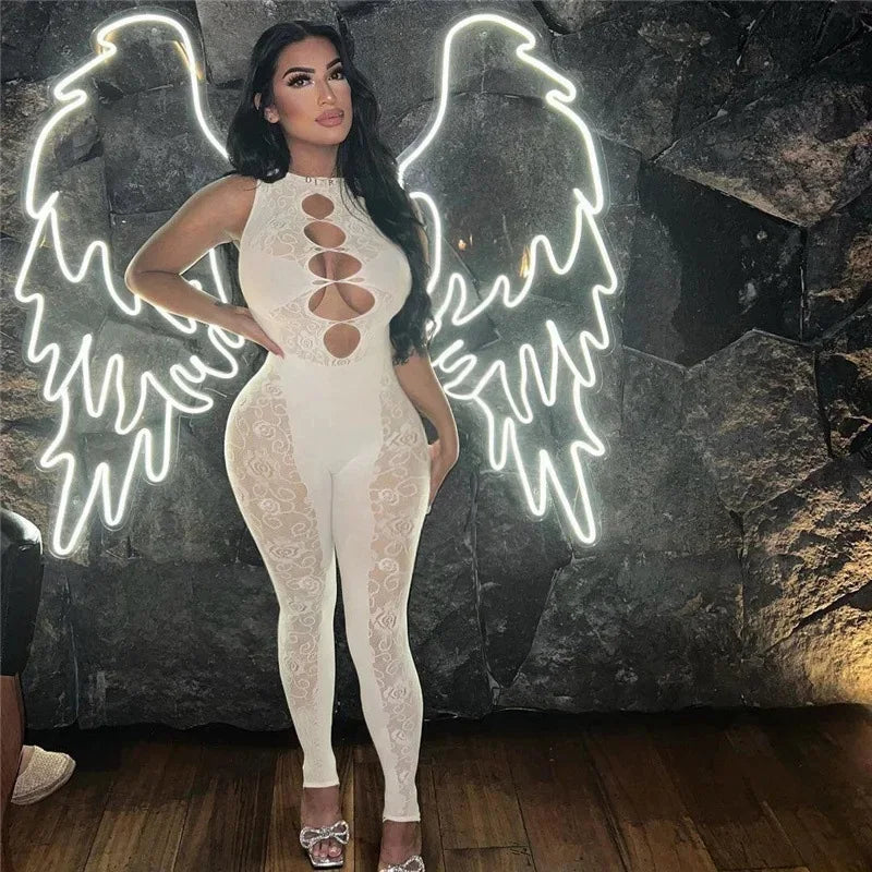 Sleeveless Transparent Party Home Jumpsuits Women Glitter High Stretch Skinny Hollow Out Bodycon Rompers Sexy Party Bodysuit