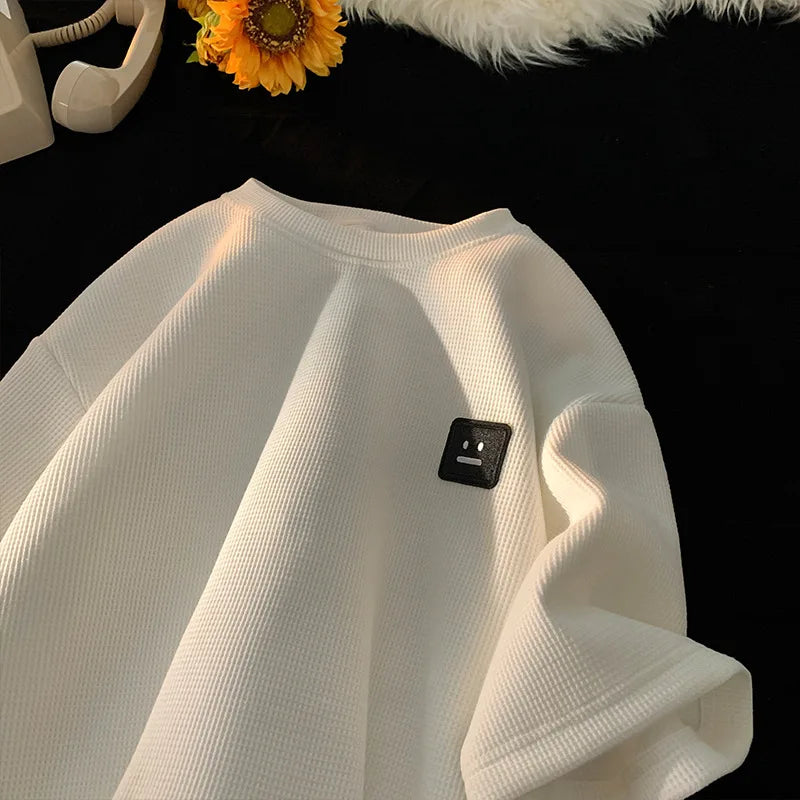 Men's  American Retro Waffle Short Sleeve T-Shirt Heavy solid color large size breathable loose casual half sleeve