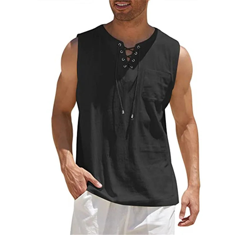 Men’s Sleeveless Casual Vest – Retro V-Neck, Lace-Up Front, Solid Color, Comfortable Loose Fit