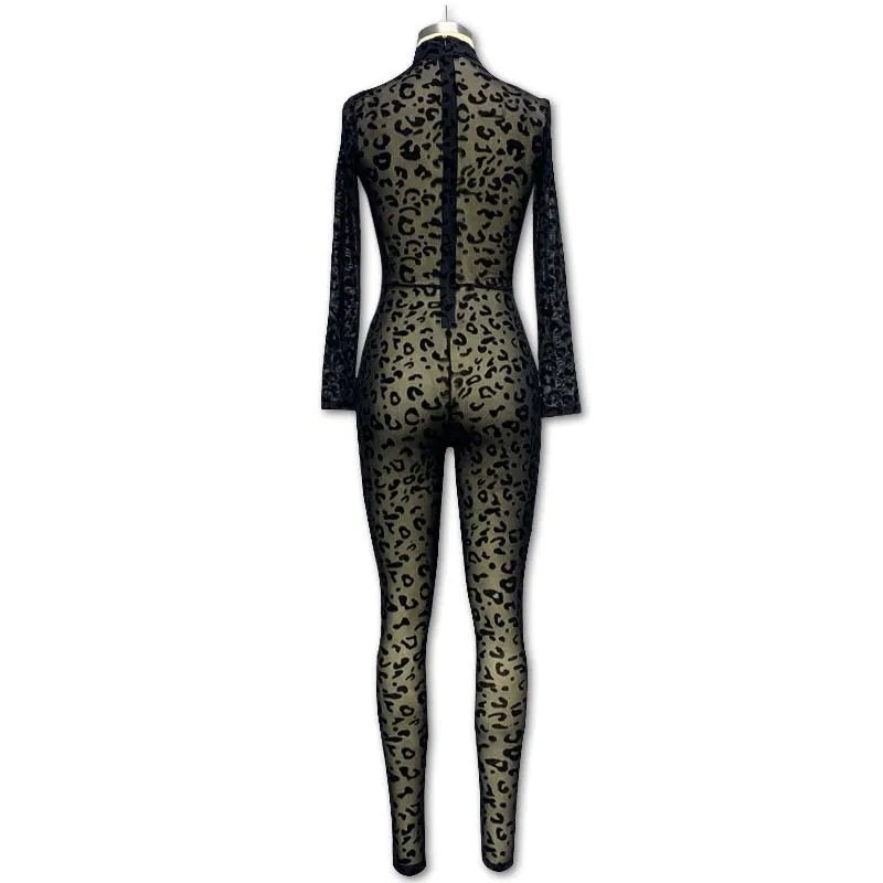Dresses Sexy Women's Jumpsuit Tight Fitting O-neck Semi Transparent Long Sleeved Plush Leopard Print Sexy Women's Jumpsuit
