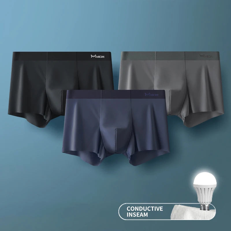 3Pcs Ice Silk Man Underwear Boxer Metal Fiber Antistatic Men Underpants Seamless Cut Hem Men's Panties Boxers Shorts Trunk