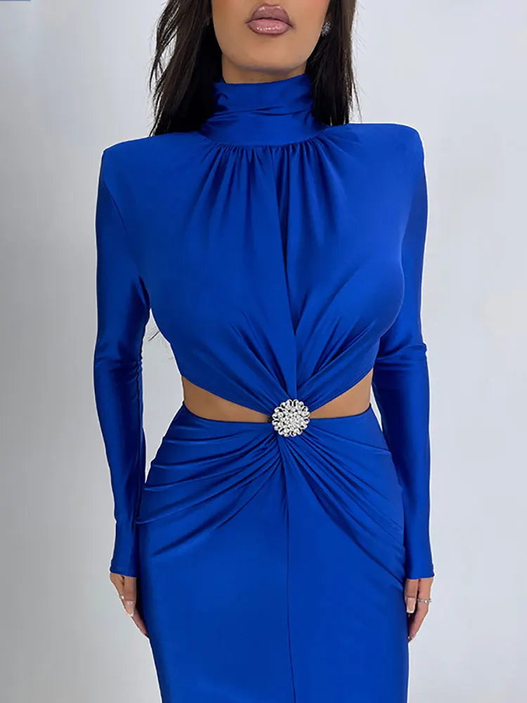 Women's Turtleneck Ruched Bodycon Dress – Elegant Slim Fit Long Sleeve Club Party Dress