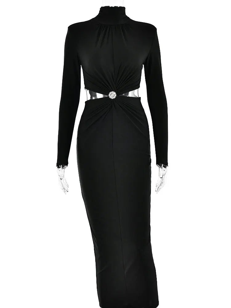 Women's Turtleneck Ruched Bodycon Dress – Elegant Slim Fit Long Sleeve Club Party Dress