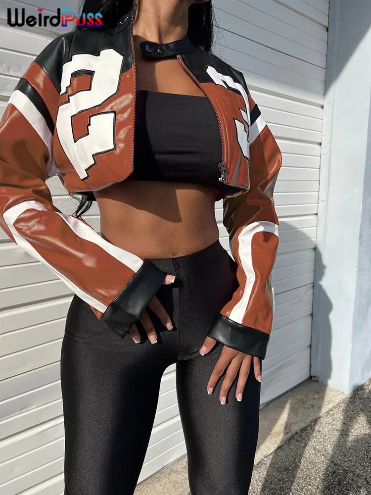 Faux Leather Varsity Jacket Women Hipster Letter Print  Casual Sporty Wild Streetwear Uniform Trend Crop Coat