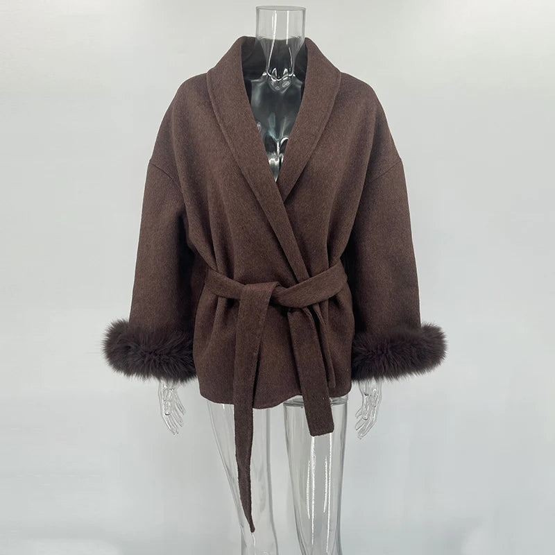 TARUXY Fox Fur Woolen CoatsWomen's Short Coat Office Lady Removable Elegant Double-sided Wool Overcoat New Cardigan Jacket