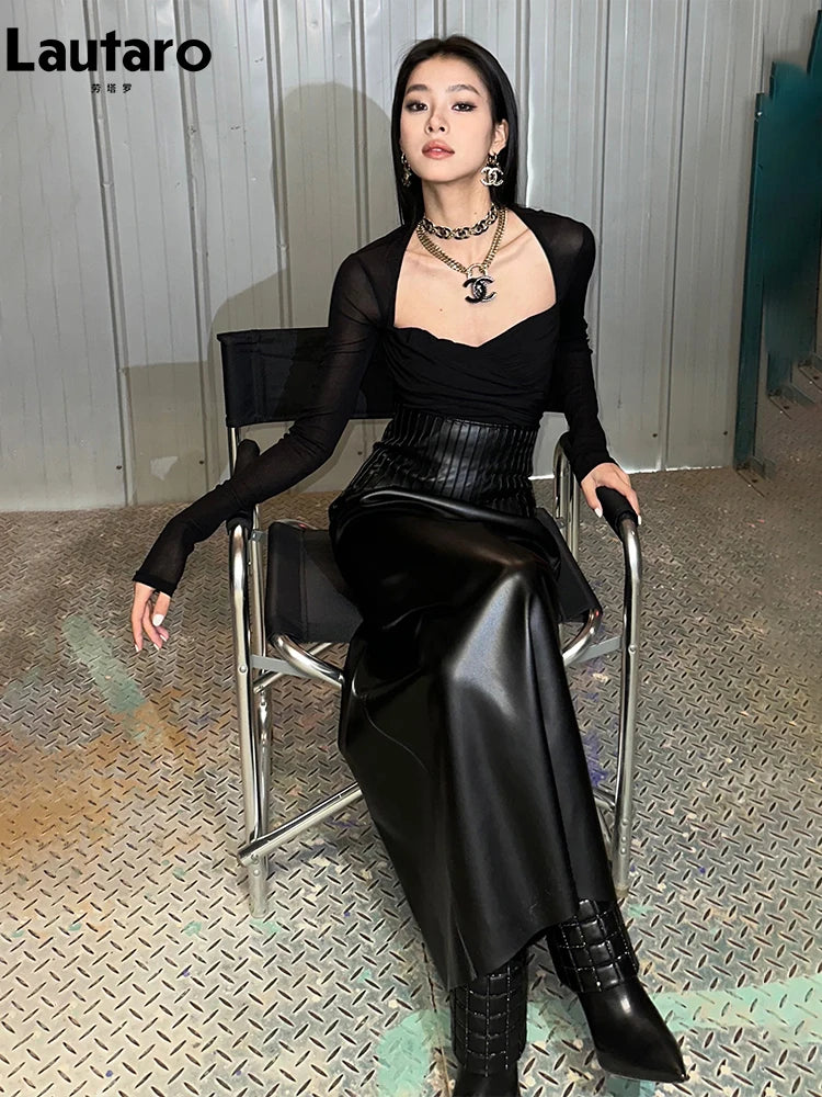 Lautaro-Women's Black Maxi Soft PU Leather Skirt, High Waist, Extra Long, Hot Girl, Luxury Designer Clothes, Elegant, Spring