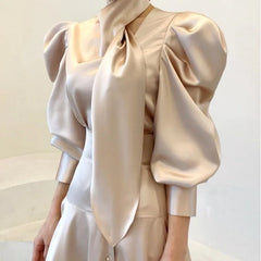 Women Vintage Luxury Chic Satin Shirt  Office Lady Ribbon Design Elegant Blouse Spring Autumn Solid Long Sleeve Slim Tops