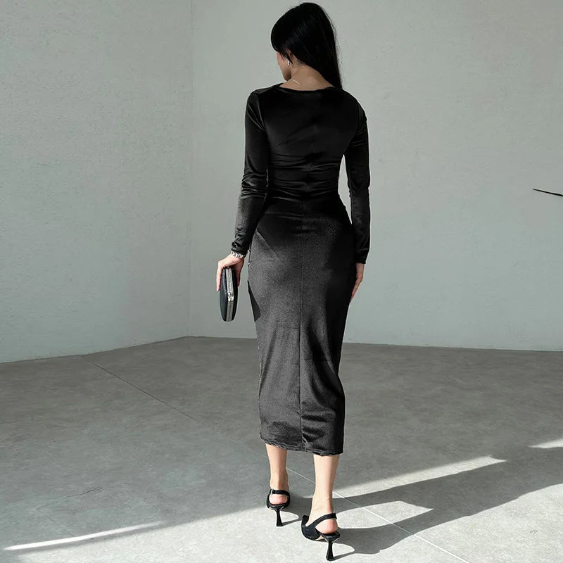 2025 Spring Summer Velvet Long Sleeve Midi Dress For Women Ruched Long Dress Elegant Party Clothes Evening Green Outfits