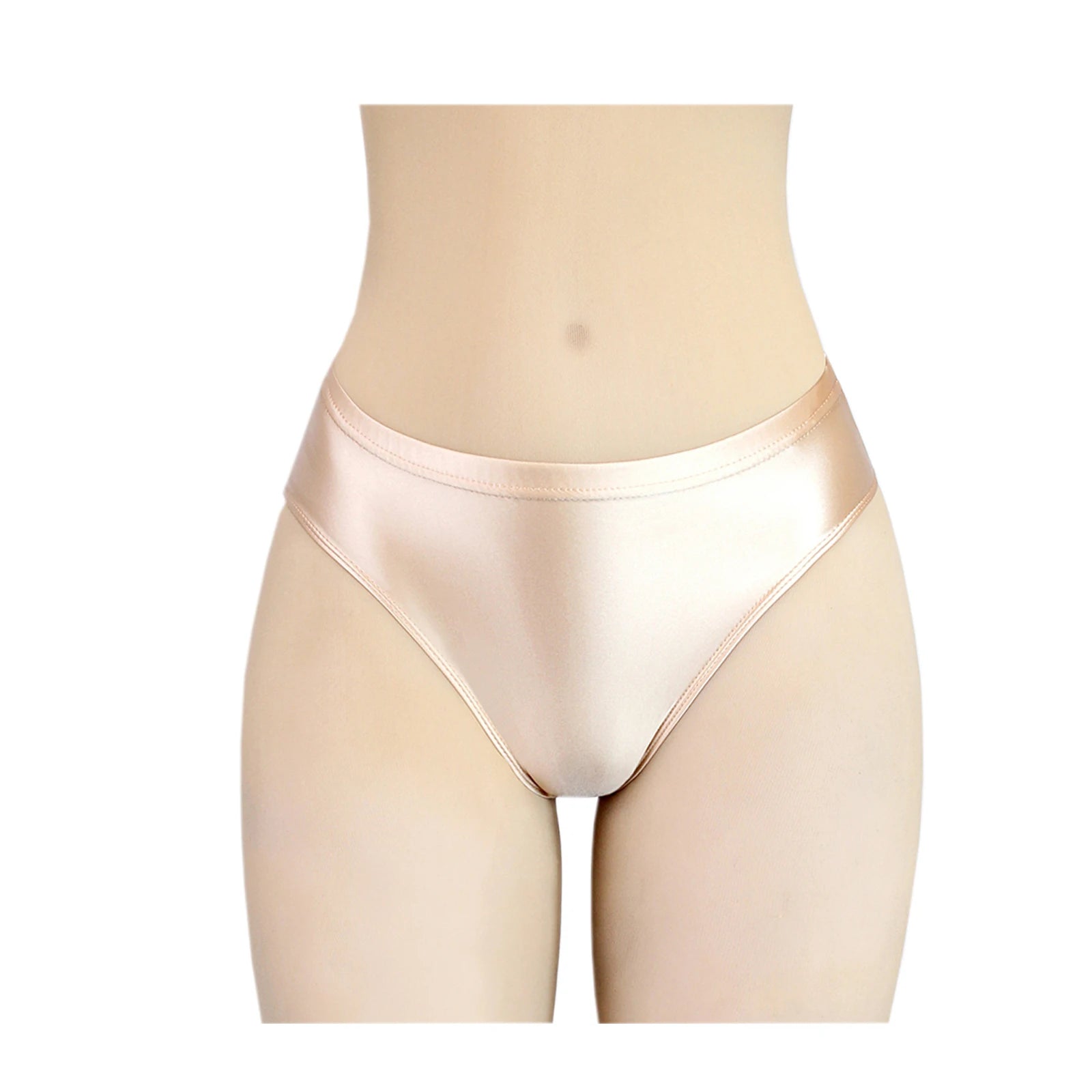 Stretchy, tight, smooth and shiny women's swim trunks with elastic waist and mid-crotch design, suitable for both wearing inside