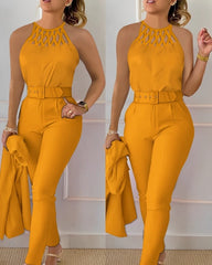 Two Piece Set Women Outfit Fashion Hollow Out Round Neck Sleeveless Tank Top & Casual Pocket Daily Pants Set