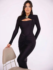 Women's 2025 Sexy Hollow Out Ruched Maxi Dress – Elegant Slim Fit Long Sleeve Slit Gown for Autumn/Winter Parties & Evenings