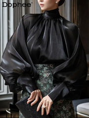 French Style Lantern Sleeve Shirt Women  Turtleneck Ribbon Bowknot Shirt Streamer Organza Top Female