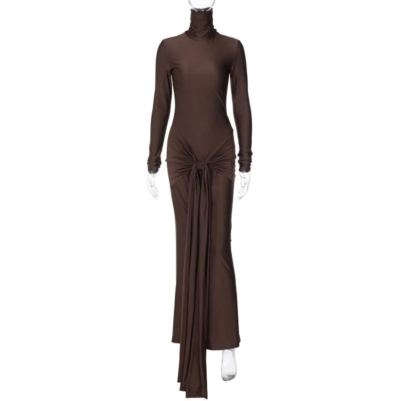 Turtleneck Long Sleeve Bodycon Dress Women Tight Elastic Lace-up Maxi Dresses Winter Evening Party Curvy Robe Red Brown 2025 New