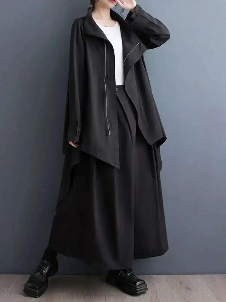 Black Big Size Irregular Jacket New Stand Collar Long Sleeve Swallowtail Women Coat Fashion 2025