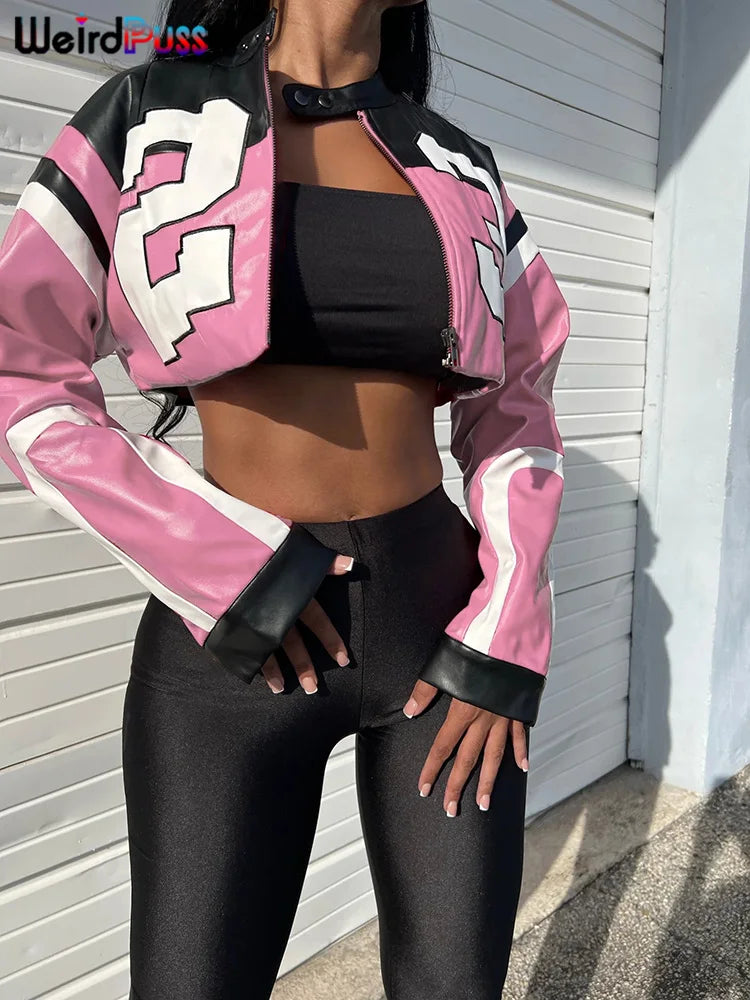 Faux Leather Varsity Jacket Women Hipster Letter Print  Casual Sporty Wild Streetwear Uniform Trend Crop Coat
