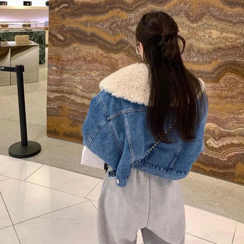 Women's Lambswool Lapel Denim Fleece Jacket  Style Cute  Quilted Coat For Ladies Fashion Short Cotton Coat Females