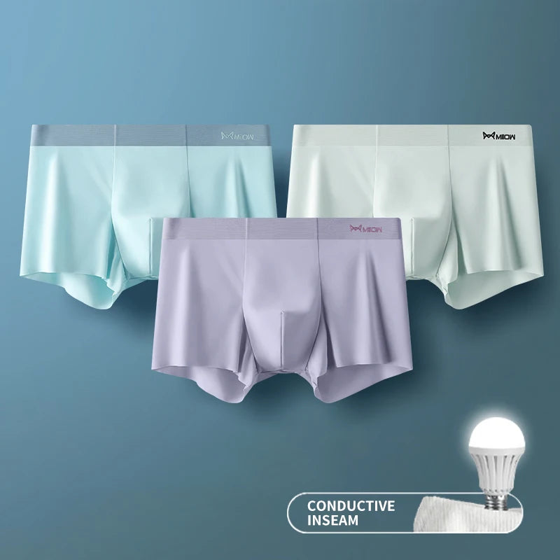 3Pcs Ice Silk Man Underwear Boxer Metal Fiber Antistatic Men Underpants Seamless Cut Hem Men's Panties Boxers Shorts Trunk