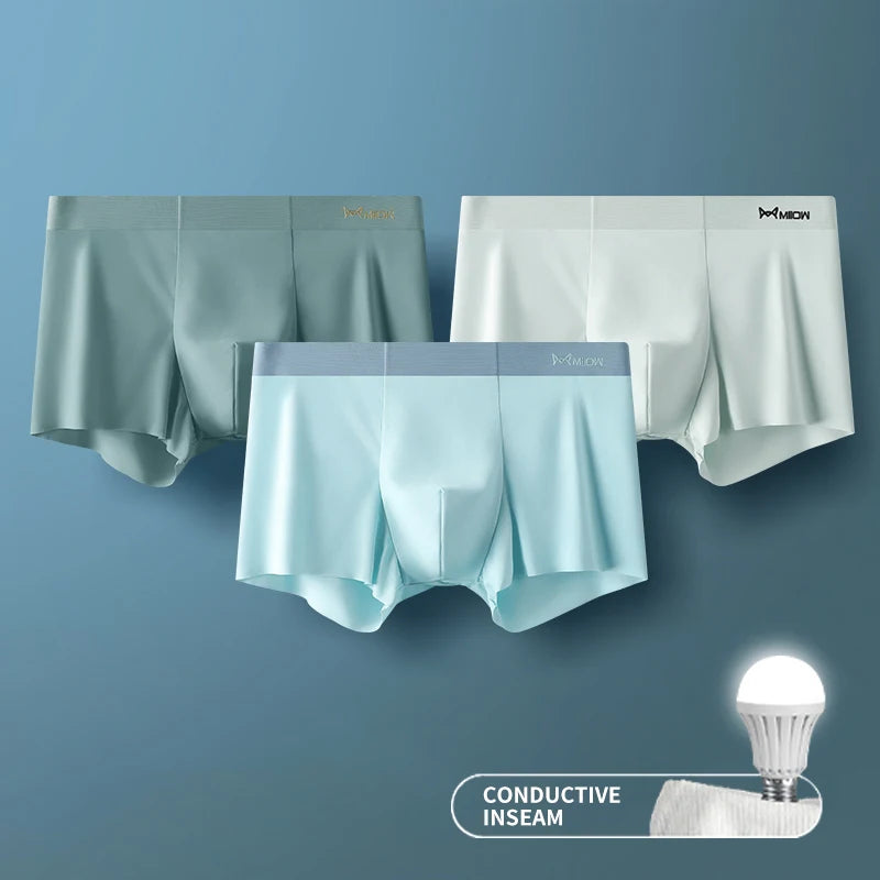 3Pcs Ice Silk Man Underwear Boxer Metal Fiber Antistatic Men Underpants Seamless Cut Hem Men's Panties Boxers Shorts Trunk
