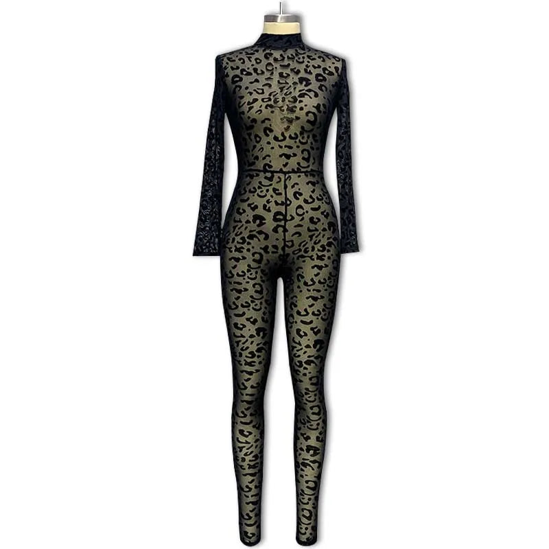 Dresses Sexy Women's Jumpsuit Tight Fitting O-neck Semi Transparent Long Sleeved Plush Leopard Print Sexy Women's Jumpsuit