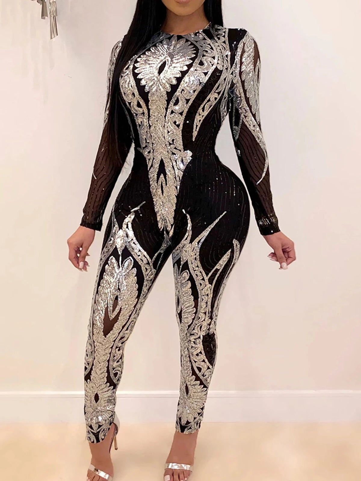 Sexy Long sleeve Sequin bodycon jumpsuit women body bodysuit one piece birthday party nightclub outfits womens jumpsuits overall