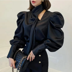 Women Vintage Luxury Chic Satin Shirt  Office Lady Ribbon Design Elegant Blouse Spring Autumn Solid Long Sleeve Slim Tops