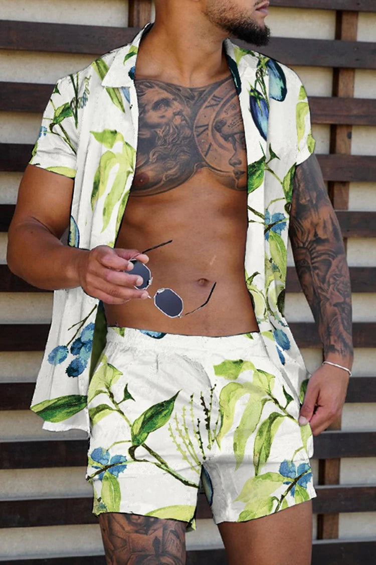 Fashionable Hawaiian printed men's 2-piece set luxurious 3D printed holiday set short sleeved casual beach shirt 2-piece men's