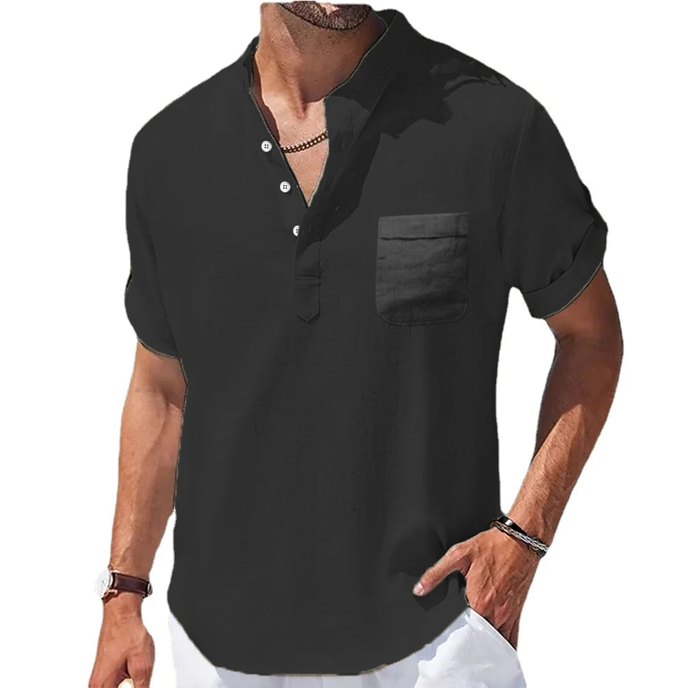 Men’s Summer Linen Shirt – Stand Collar Short Sleeve Casual Top with Pocket