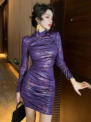 Retro Elegant Fashion Dresses for Women  Purple Snake Print Bodycon Skinny Mini Dress Party Femme Clothes Prom Club Vestidos