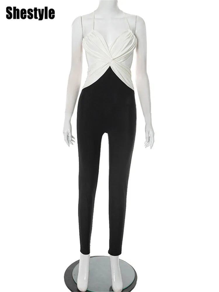 Shestyle Backless Sleeveless Jumpsuits for Women Chest Wrapping V Neck Cross Panelled Bodycon Work Out Fitness Outfits Summer