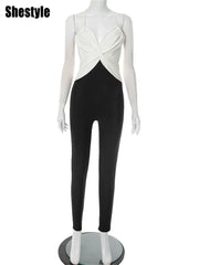 Shestyle Backless Sleeveless Jumpsuits for Women Chest Wrapping V Neck Cross Panelled Bodycon Work Out Fitness Outfits Summer