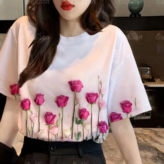 Ladies Casual Fashion Loose Simplicity Elegant Trendtemperament O-neck Printing Short  New Style pullover top tee