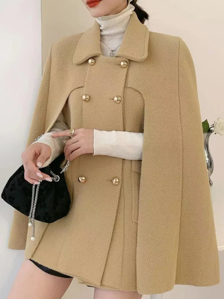 Elegant Knitted Coat  Lapel Double Breasted Loose Casual Thick Warm Cape Jacket Women 2025
