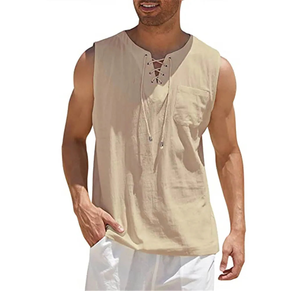 Men’s Sleeveless Casual Vest – Retro V-Neck, Lace-Up Front, Solid Color, Comfortable Loose Fit