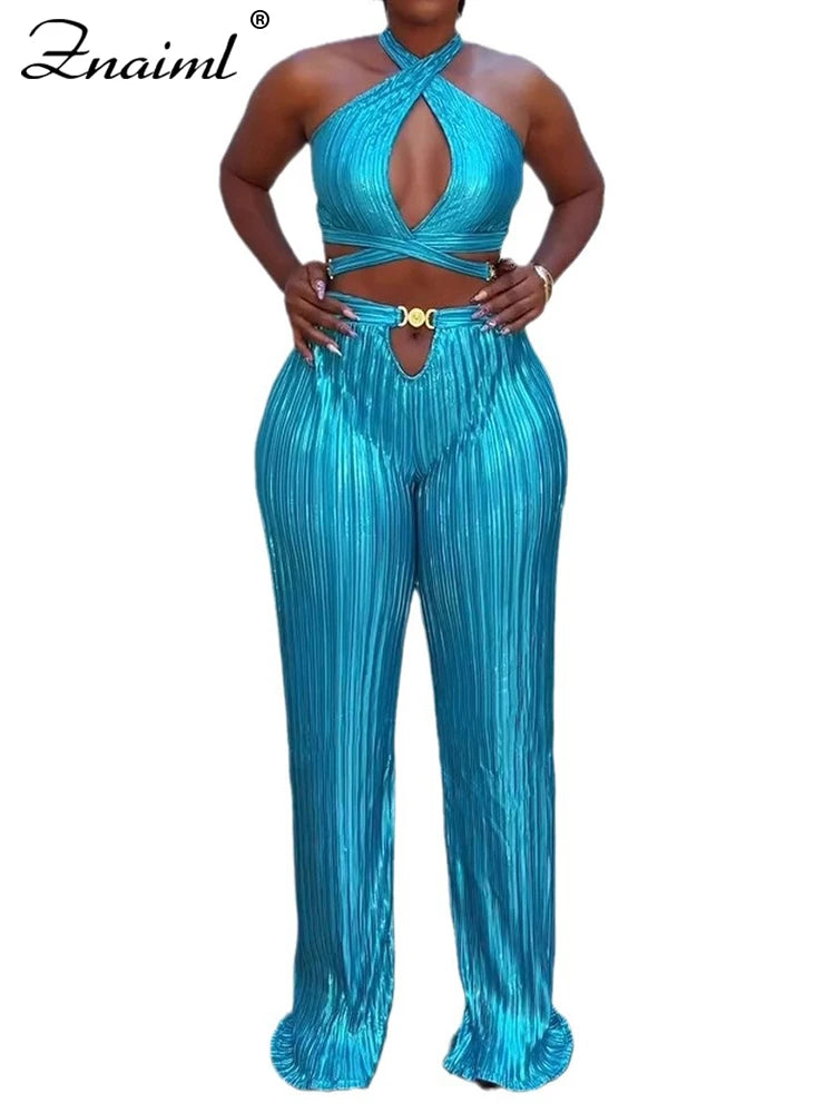 Women's 2-Piece Bandage Set – Hollow Out Crop Top & Wide-Leg Pants Nightclub Outfit