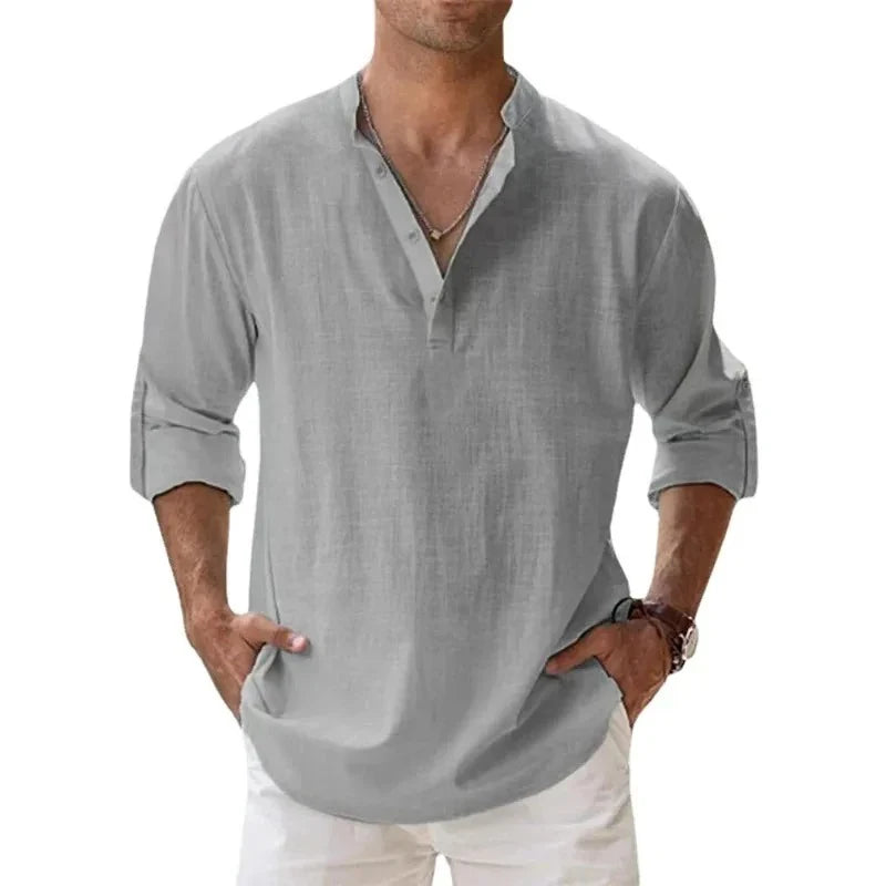Men’s Cotton-Linen Long Sleeve Shirt – Henley Style, Lightweight & Breathable