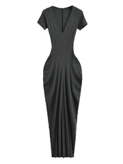 Spicy Girl Sexy Short Sleeved Dress  Summer New High Waist Wrapped Hip Tight Large V-neck Long Dress 90AU