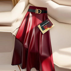 High end goddess style high-end red PU skirt for women new Leather midi skirt, mid length umbrella skirt