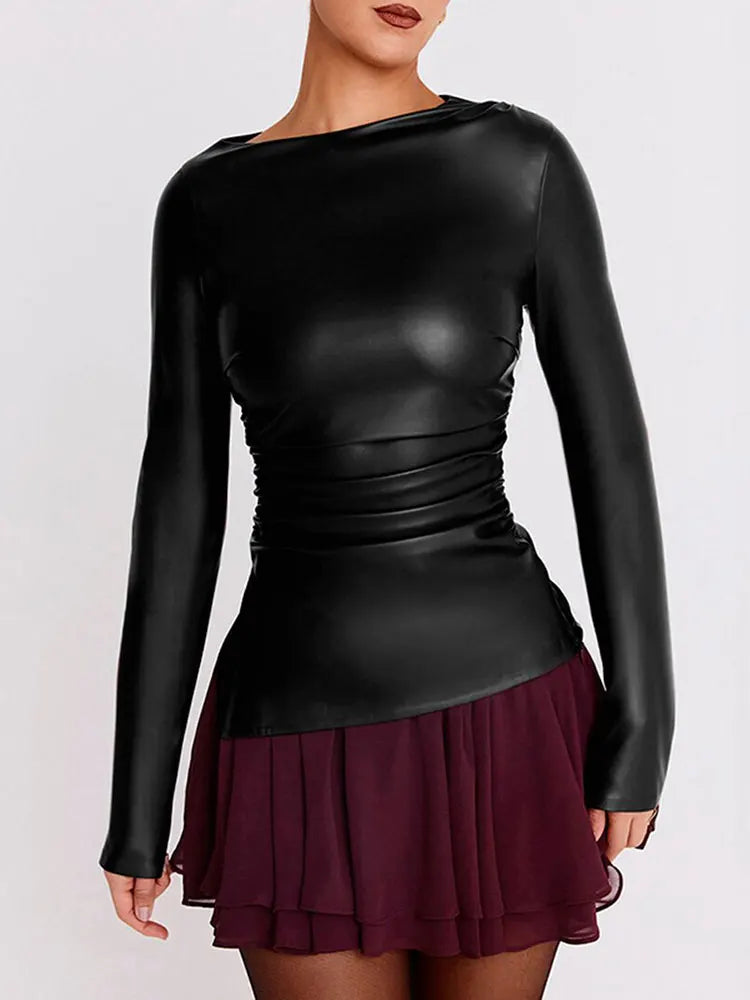 Women's Y2K PU Leather Long Sleeve Top – Slim Fit, Elegant Folded Design, Sexy Autumn/Winter Fashion Shirt