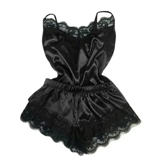 New Women's Pajamas Silk Sexy Pajama Set Black Lace V-Neck Pajama Suspender Top and Shorts Lace Pajama Set Home Underwear Dress