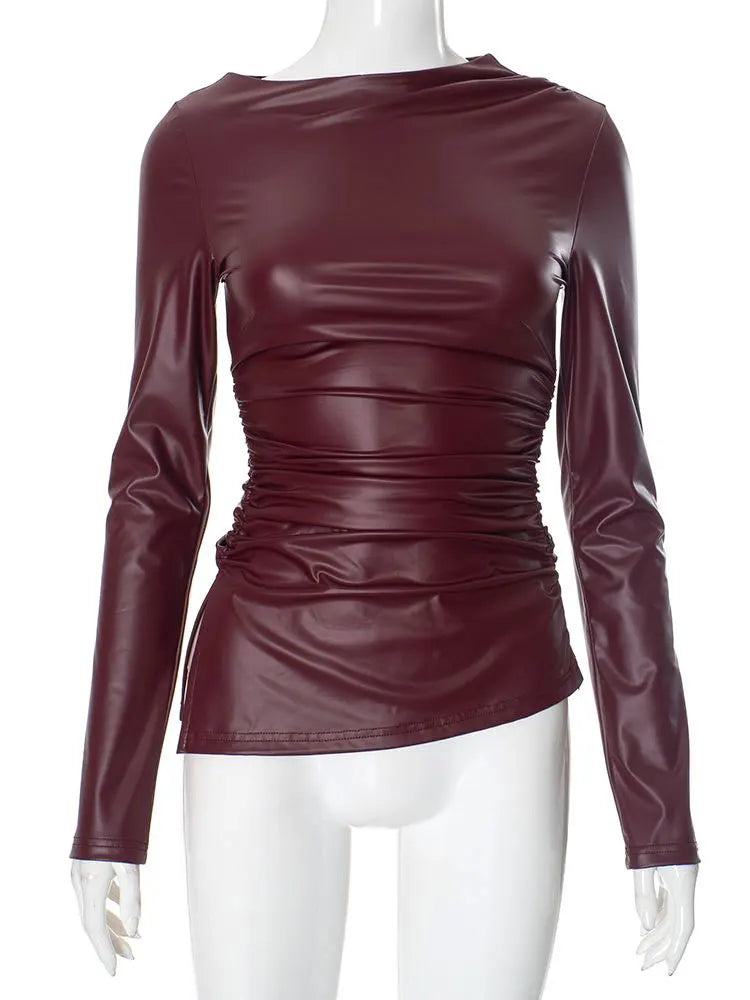 Women's Y2K PU Leather Long Sleeve Top – Slim Fit, Elegant Folded Design, Sexy Autumn/Winter Fashion Shirt
