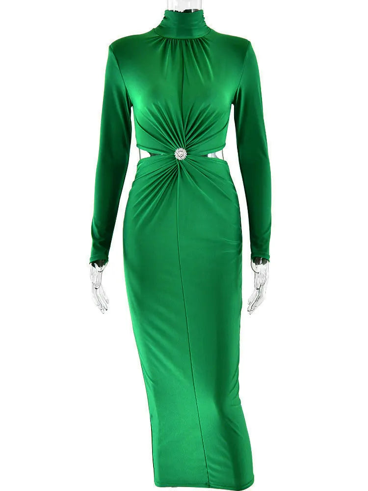 Women's Turtleneck Ruched Bodycon Dress – Elegant Slim Fit Long Sleeve Club Party Dress