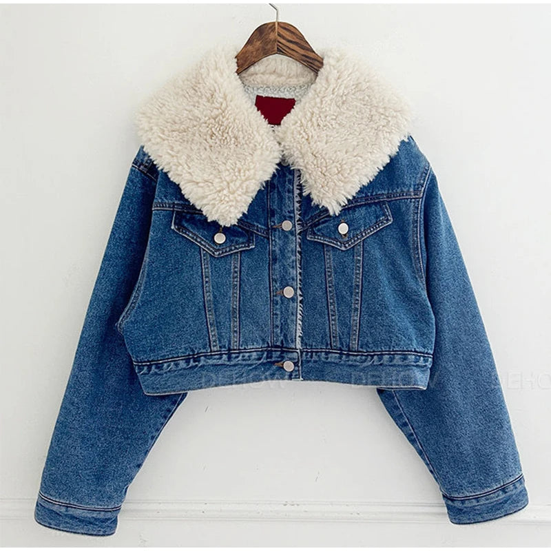 Women's Lambswool Lapel Denim Fleece Jacket  Style Cute  Quilted Coat For Ladies Fashion Short Cotton Coat Females