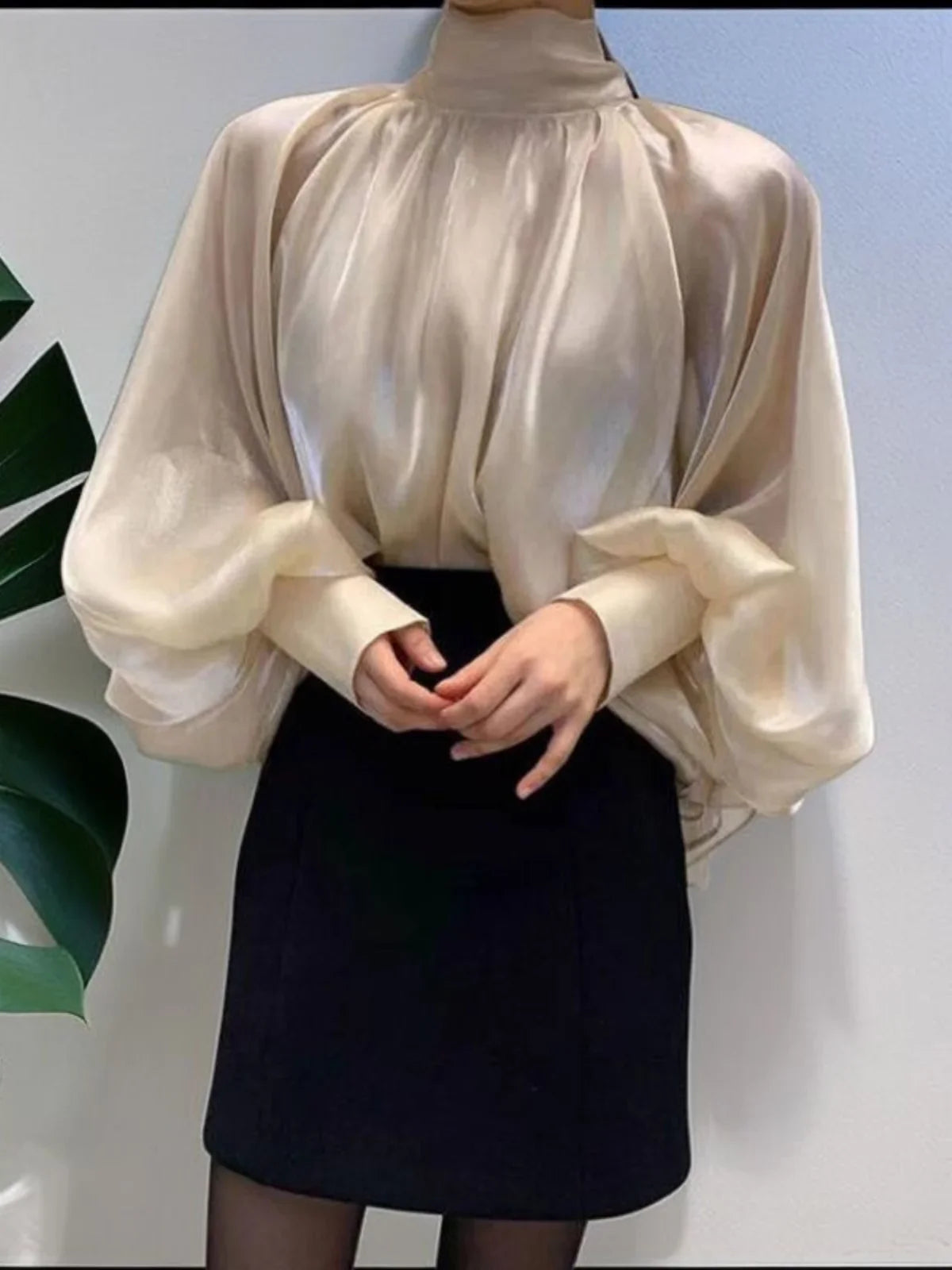 French Style Lantern Sleeve Shirt Women  Turtleneck Ribbon Bowknot Shirt Streamer Organza Top Female