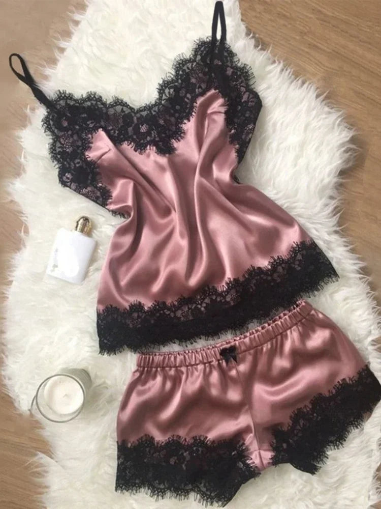 New Women's Pajamas Silk Sexy Pajama Set Black Lace V-Neck Pajama Suspender Top and Shorts Lace Pajama Set Home Underwear Dress