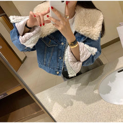 Women's Lambswool Lapel Denim Fleece Jacket  Style Cute  Quilted Coat For Ladies Fashion Short Cotton Coat Females