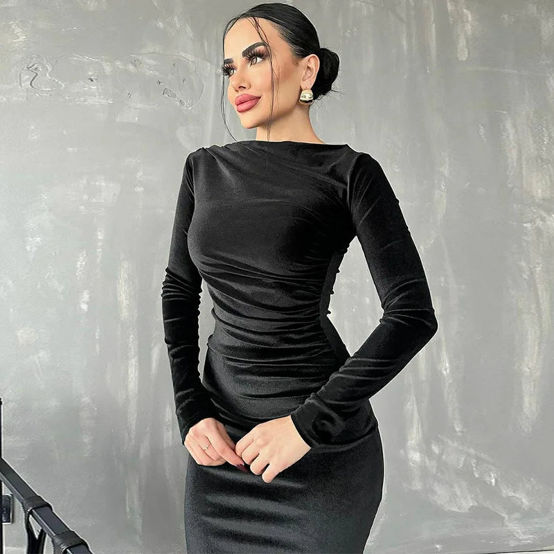 2025 Spring Summer Velvet Long Sleeve Midi Dress For Women Ruched Long Dress Elegant Party Clothes Evening Green Outfits