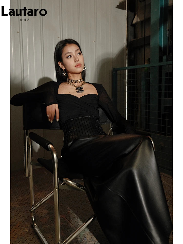 Lautaro-Women's Black Maxi Soft PU Leather Skirt, High Waist, Extra Long, Hot Girl, Luxury Designer Clothes, Elegant, Spring