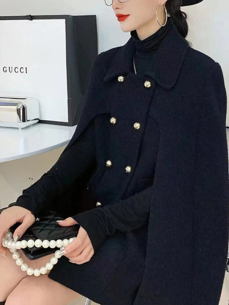 Elegant Knitted Coat  Lapel Double Breasted Loose Casual Thick Warm Cape Jacket Women 2025