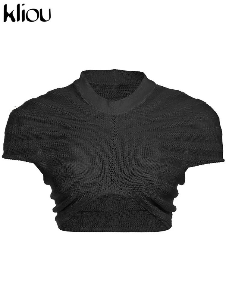 Striped Patchwork Sheer Knit Top for Women – Short Sleeve, Bare Midriff | All-Season Streetwear