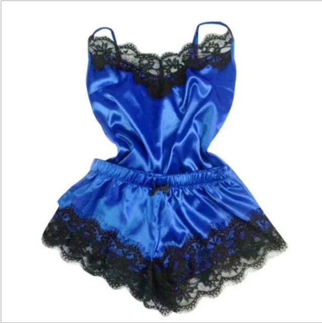 New Women's Pajamas Silk Sexy Pajama Set Black Lace V-Neck Pajama Suspender Top and Shorts Lace Pajama Set Home Underwear Dress